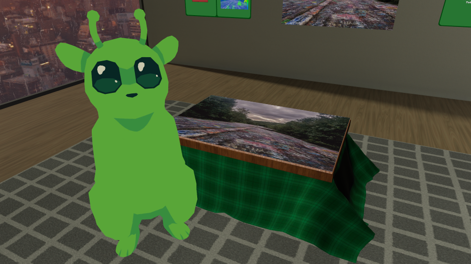 VRChat screenshot of a green alien slugcat standing in front of a finished jigsaw puzzle of Centralia's graffiti highway